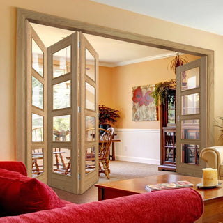 Image: Four Folding Doors & Frame Kit - Vancouver 4 Pane Oak 3+1 - Clear Glass - Prefinished
