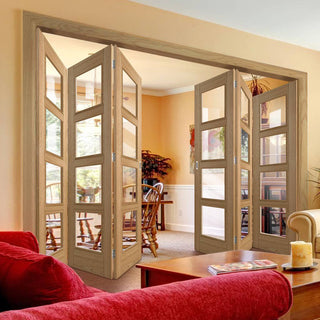 Image: Six Folding Doors & Frame Kit - Vancouver 4 Pane Oak 3+3 - Clear Glass - Prefinished