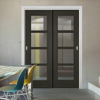 Image: Pass-Easi Two Sliding Doors and Frame Kit - Vancouver Smoked Oak Internal Doors - Clear Glass - Prefinished