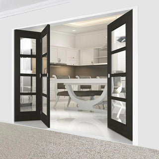 Image: Three Folding Doors & Frame Kit - Vancouver Smoked Oak Internal Doors - Clear Glass - Prefinished