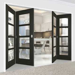Image: Four Folding Doors & Frame Kit - Vancouver Smoked Oak Internal Doors - Clear Glass - Prefinished