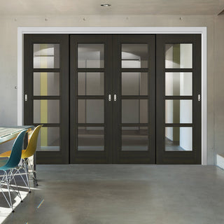 Image: Pass-Easi Four Sliding Doors and Frame Kit - Vancouver Smoked Oak Internal Doors - Clear Glass - Prefinished