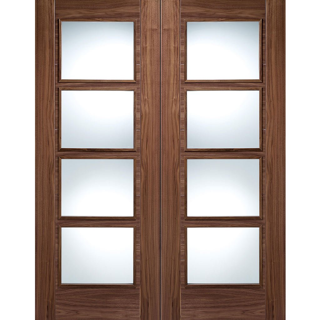 LPD Joinery Vancouver Walnut 4 Pane Fire Door Pair - Clear Glass - 30 Minute Fire Rated - Prefinished