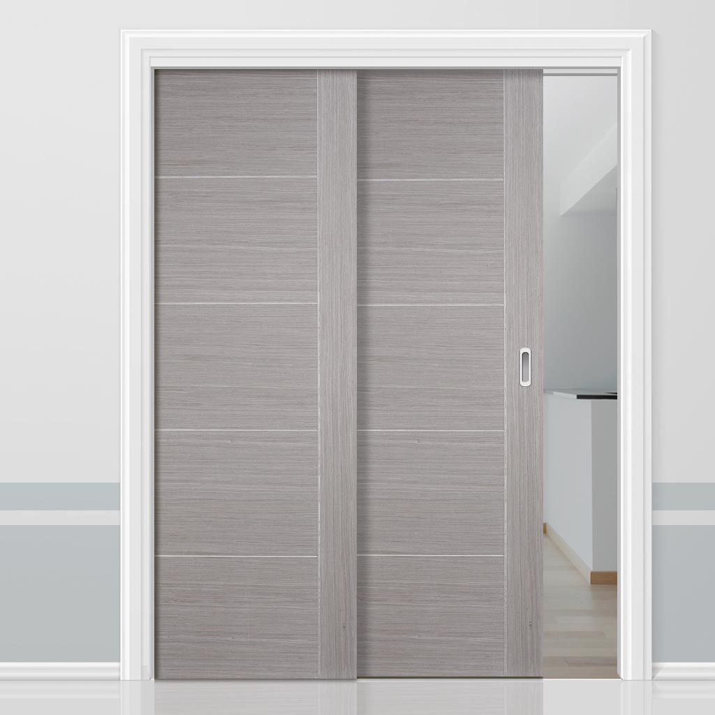 Light Grey Vancouver Staffetta Twin Telescopic Pocket Doors - Prefinished