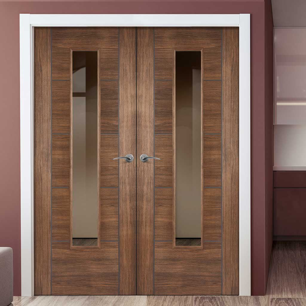 Laminate Vancouver Walnut Door Pair - Clear Glass - Prefinished