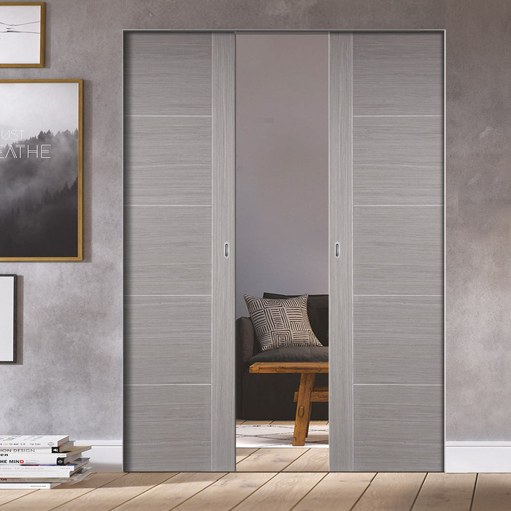 Bespoke Light Grey Vancouver Double Frameless Pocket Door - Prefinished