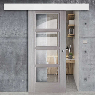 Image: Single Sliding Door & Wall Track - Vancouver Light Grey Door - Clear Glass - Prefinished