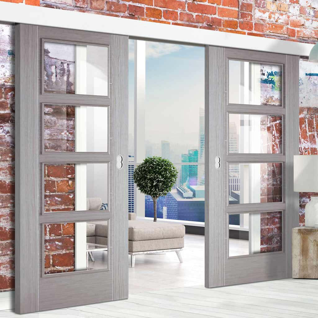 Double Sliding Door & Wall Track - Vancouver Light Grey Doors - Clear Glass - Prefinished