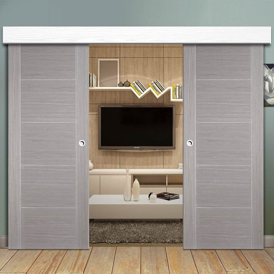 Double Sliding Door & Wall Track - Vancouver Light Grey Doors - Prefinished