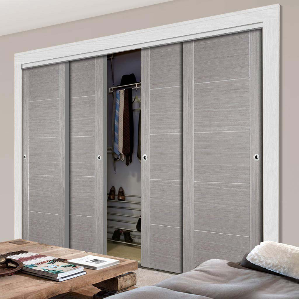Four Sliding Wardrobe Doors & Frame Kit - Vancouver Flush Ash Grey Door - Prefinished