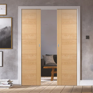 Image: Bespoke Vancouver Oak 5P Style Flush Double Pocket Door - Prefinished