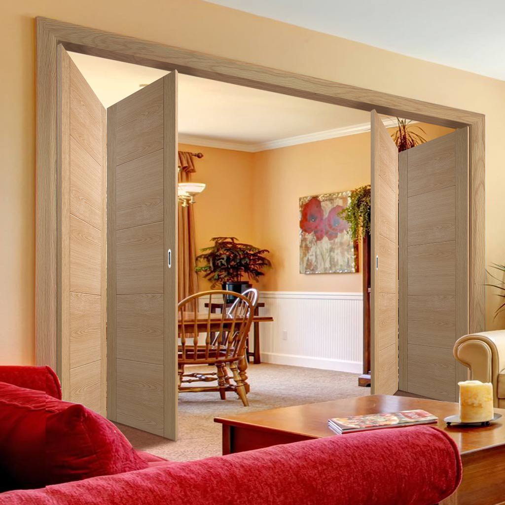 Four Folding Doors & Frame Kit - Vancouver 5 Panel Effect Flush Oak 2+2 - Prefinished