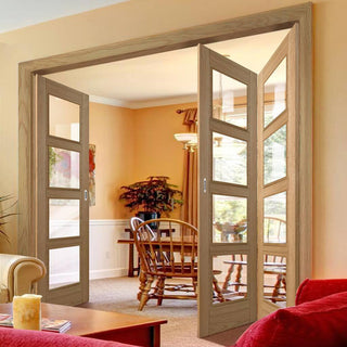 Image: Three Folding Doors & Frame Kit - Vancouver 4 Pane Oak 2+1 - Clear Glass - Prefinished