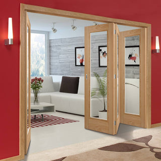 Image: Four Folding Doors & Frame Kit - Vancouver 1 Pane Oak 3+1 - Clear Glass - Prefinished