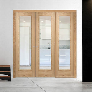 Image: ThruEasi Room Divider - Vancouver 1 Pane Oak Clear Glass Prefinished Double Doors with Single Side