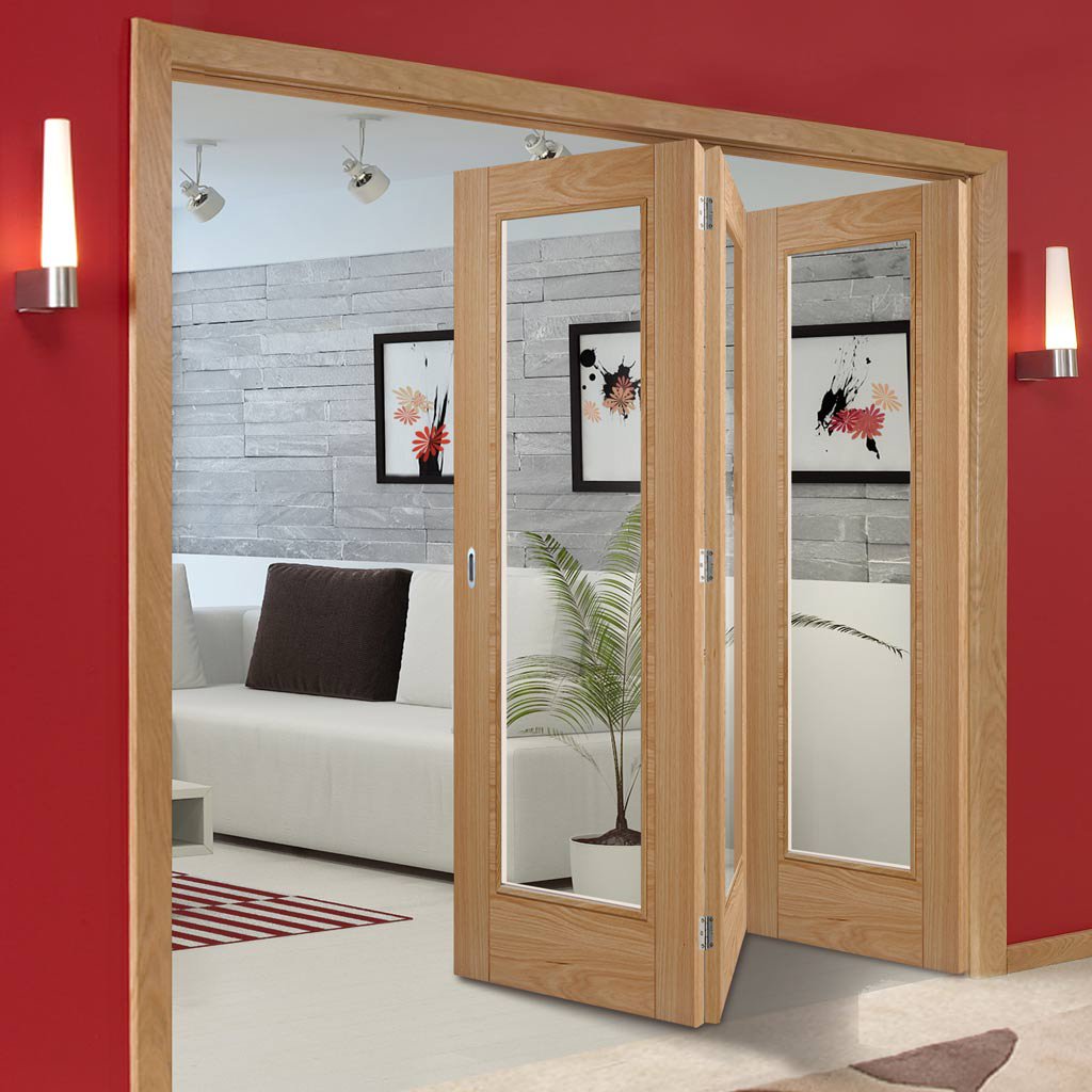Three Folding Doors & Frame Kit - Vancouver 1 Pane Oak 3+0 - Clear Glass - Prefinished