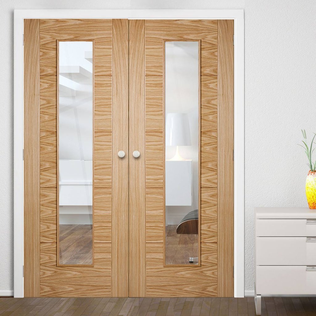 LPD Joinery Vancouver Long Light Oak Door Pair - Clear Glass - 1/2 Hour Fire Rated - Prefinished