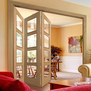 Image: Three Folding Doors & Frame Kit - Vancouver 4 Pane Oak 3+0 - Clear Glass - Prefinished