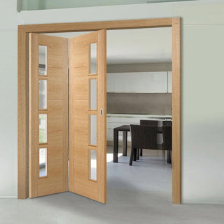 Image: Two Folding Doors & Frame Kit - Vancouver 4 Pane Oak 2+0 - Clear Glazed Offset - Prefinished