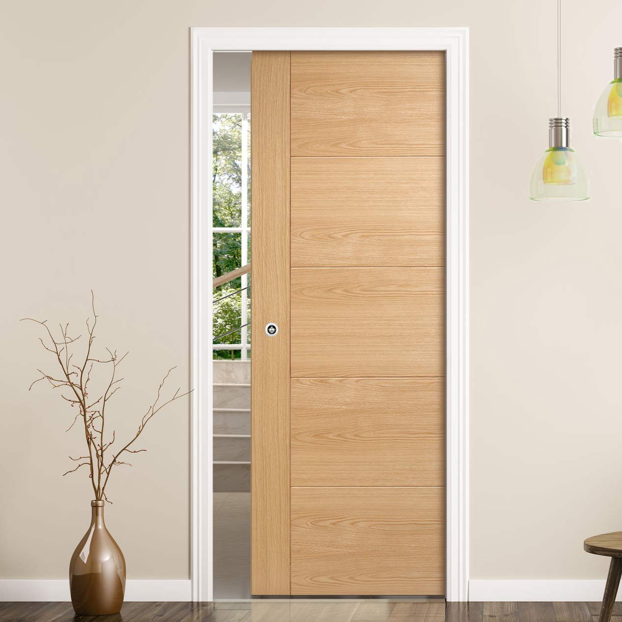 Vancouver Oak 5 Panel Flush Evokit Pocket Fire Door - 30 Minute Fire Rated - Prefinished