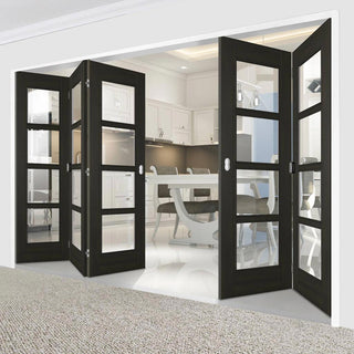 Image: Five Folding Doors & Frame Kit - Vancouver Smoked Oak Internal Doors - Clear Glass - Prefinished
