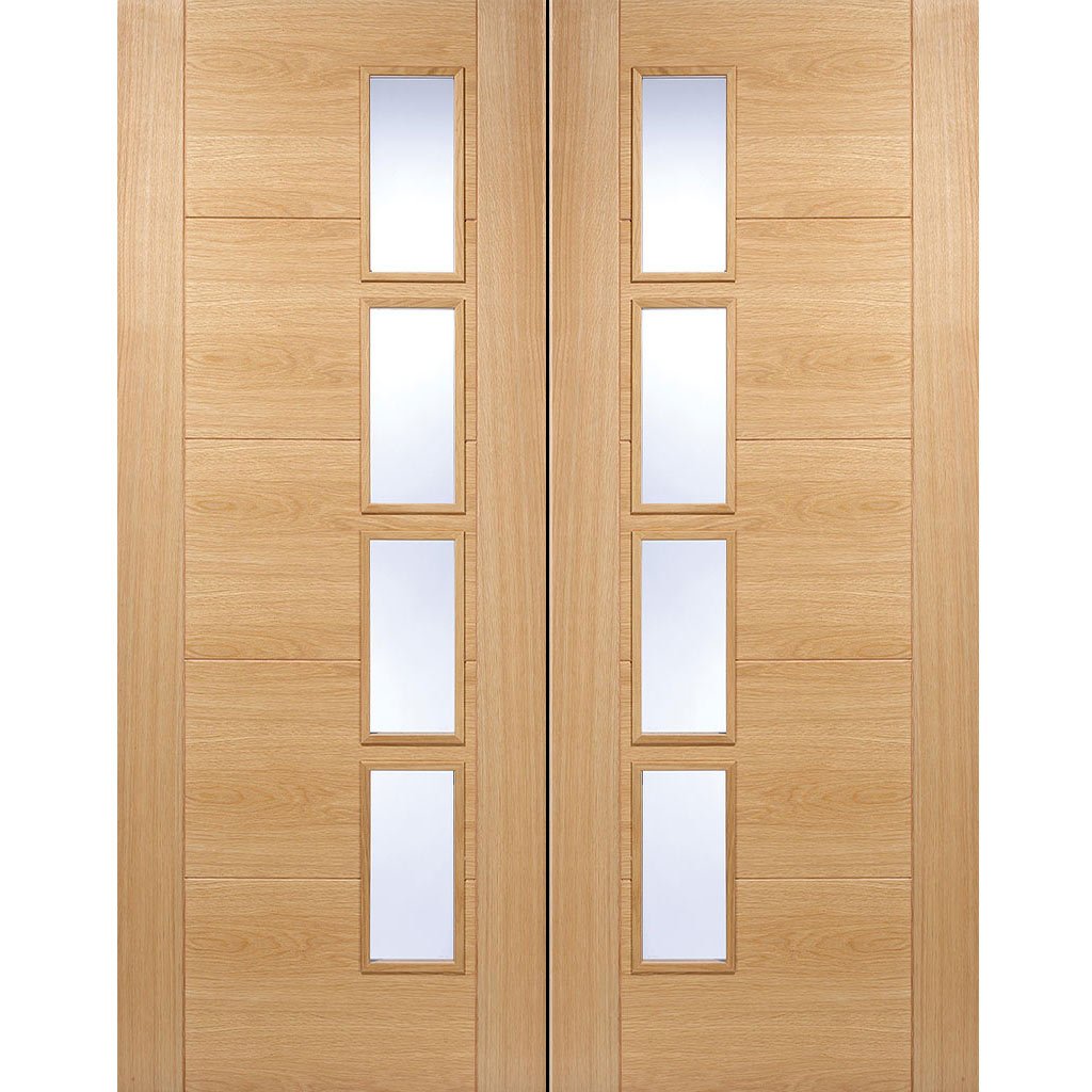 Vancouver Oak 4 Pane Door Pair - Clear Glass Offset - Prefinished