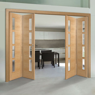 Image: Four Folding Doors & Frame Kit - Vancouver 4 Pane Oak 2+2 - Clear Glazed Offset - Prefinished
