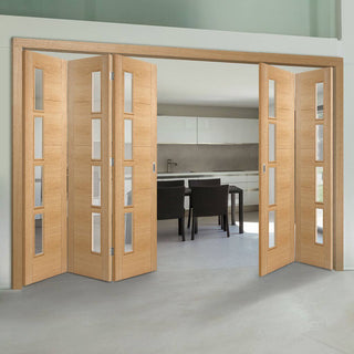 Image: Five Folding Doors & Frame Kit - Vancouver 4 Pane Oak 3+2 - Clear Glazed Offset - Prefinished