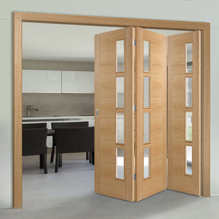 Image: Three Folding Doors & Frame Kit - Vancouver 4 Pane Oak 3+0 - Clear Glazed Offset - Prefinished