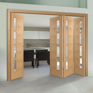 Image: Four Folding Doors & Frame Kit - Vancouver 4 Pane Oak 3+1 - Clear Glazed Offset - Prefinished