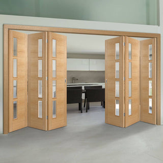 Image: Six Folding Doors & Frame Kit - Vancouver 4 Pane Oak 3+3 - Clear Glazed Offset - Prefinished