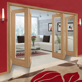 Image: Six Folding Doors & Frame Kit - Vancouver 1 Pane Oak 3+3 - Clear Glass - Prefinished