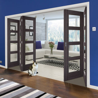 Image: Five Folding Doors & Frame Kit - Vancouver 4 Pane Ash Grey 3+2 - Clear Glass - Prefinished