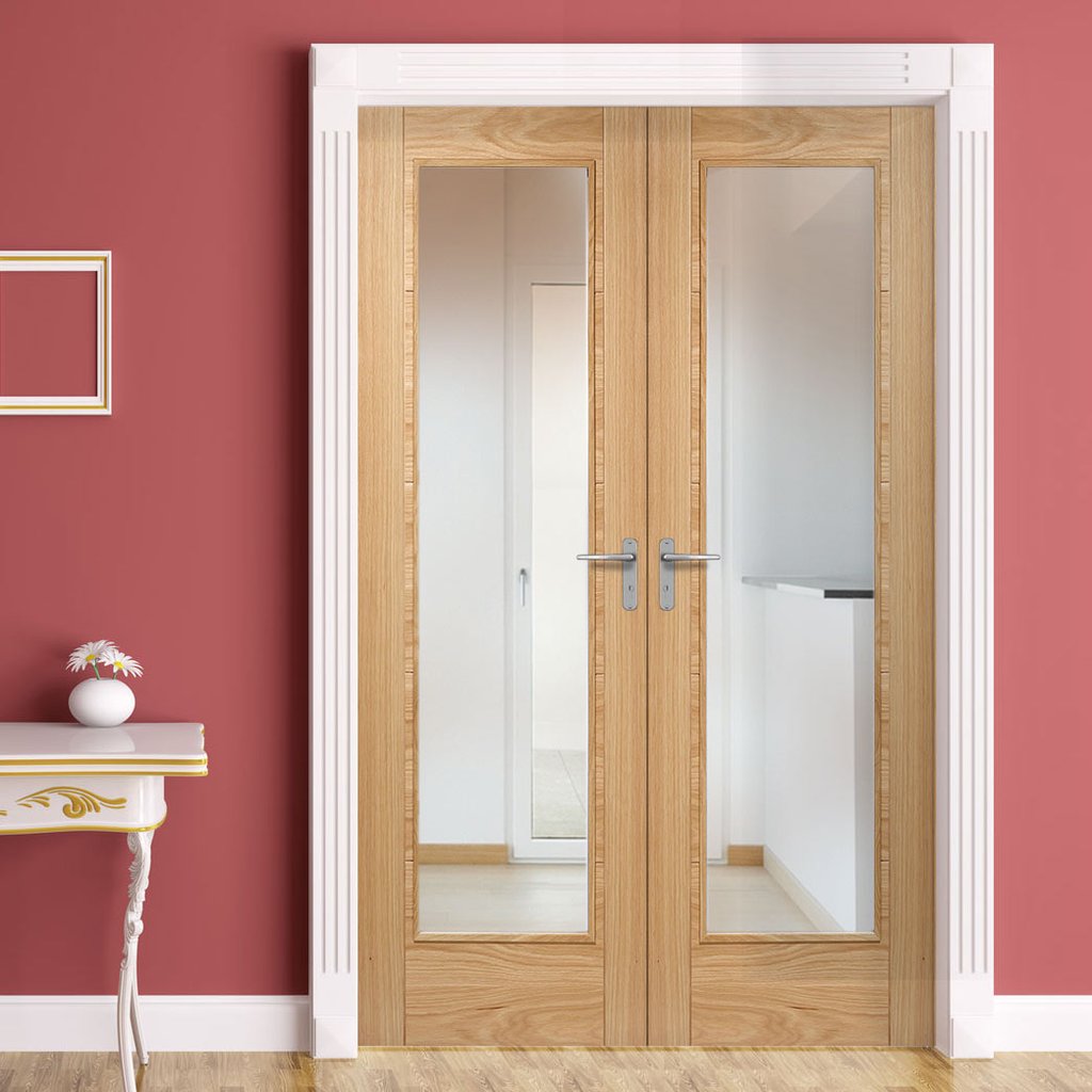 LPD Joinery Bespoke Fire Door Pair, Vancouver Oak 1L Pair - 1/2 Hour Fire Rated - Clear Glass - Prefinished