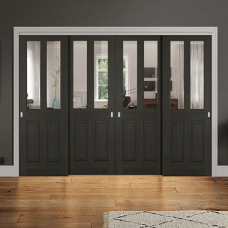 Image: Pass-Easi Four Sliding Doors and Frame Kit - Richmond Smoked Oak door - Clear Glass - Prefinished