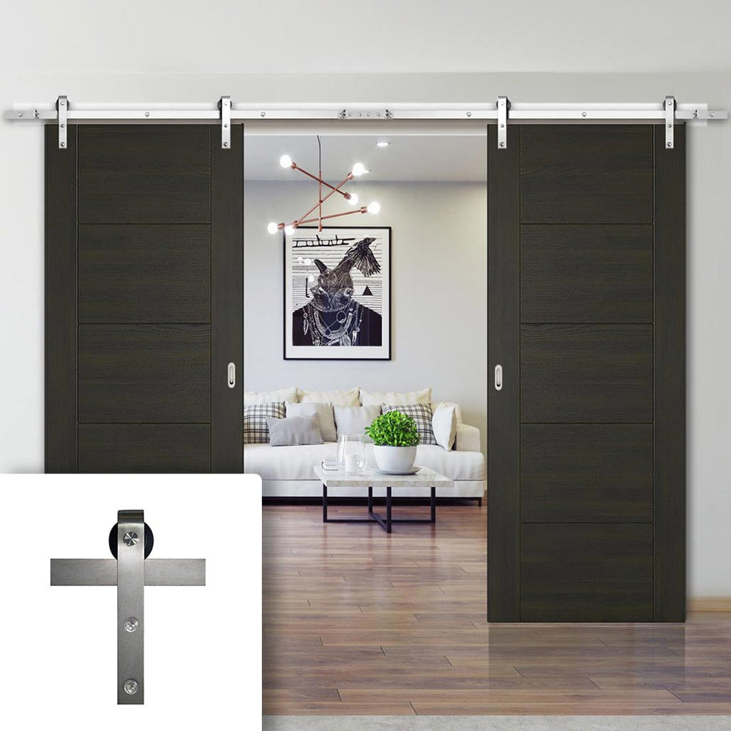 Double Sliding Door & Stainless Steel Barn Track - Vancouver Smoked Oak Flush Internal Doors - Prefinished