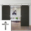 Double Sliding Door & Stainless Steel Barn Track - Vancouver Smoked Oak Flush Internal Doors - Prefinished