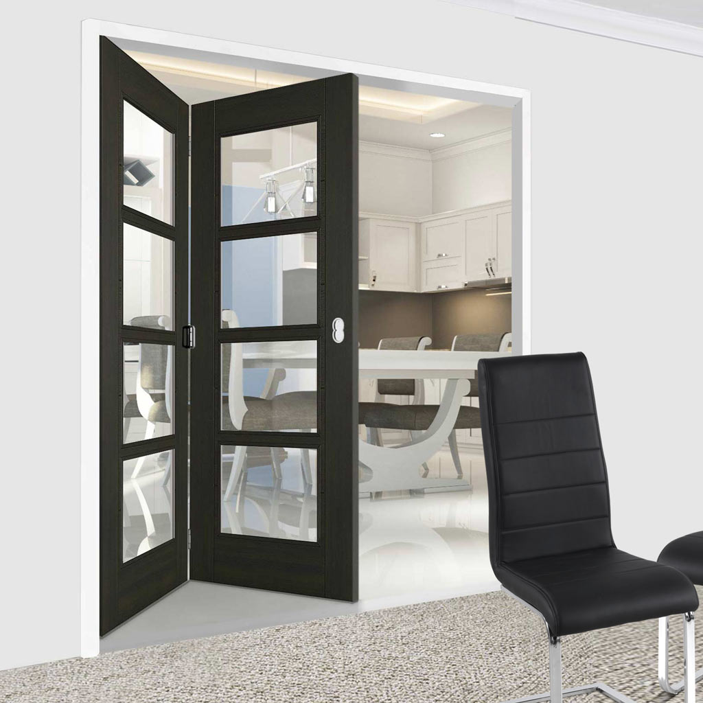 Two Folding Doors & Frame Kit - Vancouver Smoked Oak Internal Doors - Clear Glass - Prefinished