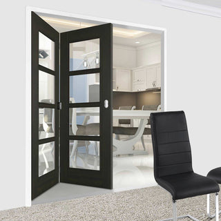 Image: Two Folding Doors & Frame Kit - Vancouver Smoked Oak Internal Doors - Clear Glass - Prefinished