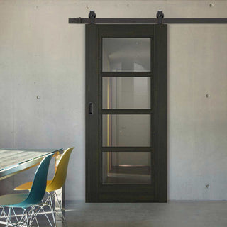 Image: Top Mounted Black Sliding Track & Door - Vancouver Smoked Oak Internal Doors - Clear Glass - Prefinished