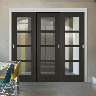 Image: Pass-Easi Three Sliding Doors and Frame Kit - Vancouver Smoked Oak Internal Doors - Clear Glass - Prefinished