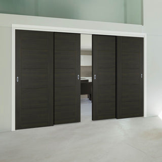 Image: Pass-Easi Four Sliding Doors and Frame Kit - Vancouver Smoked Oak Flush Internal Doors - Prefinished