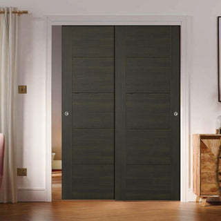 Image: Pass-Easi Two Sliding Doors and Frame Kit - Vancouver Smoked Oak Flush Internal Doors - Prefinished