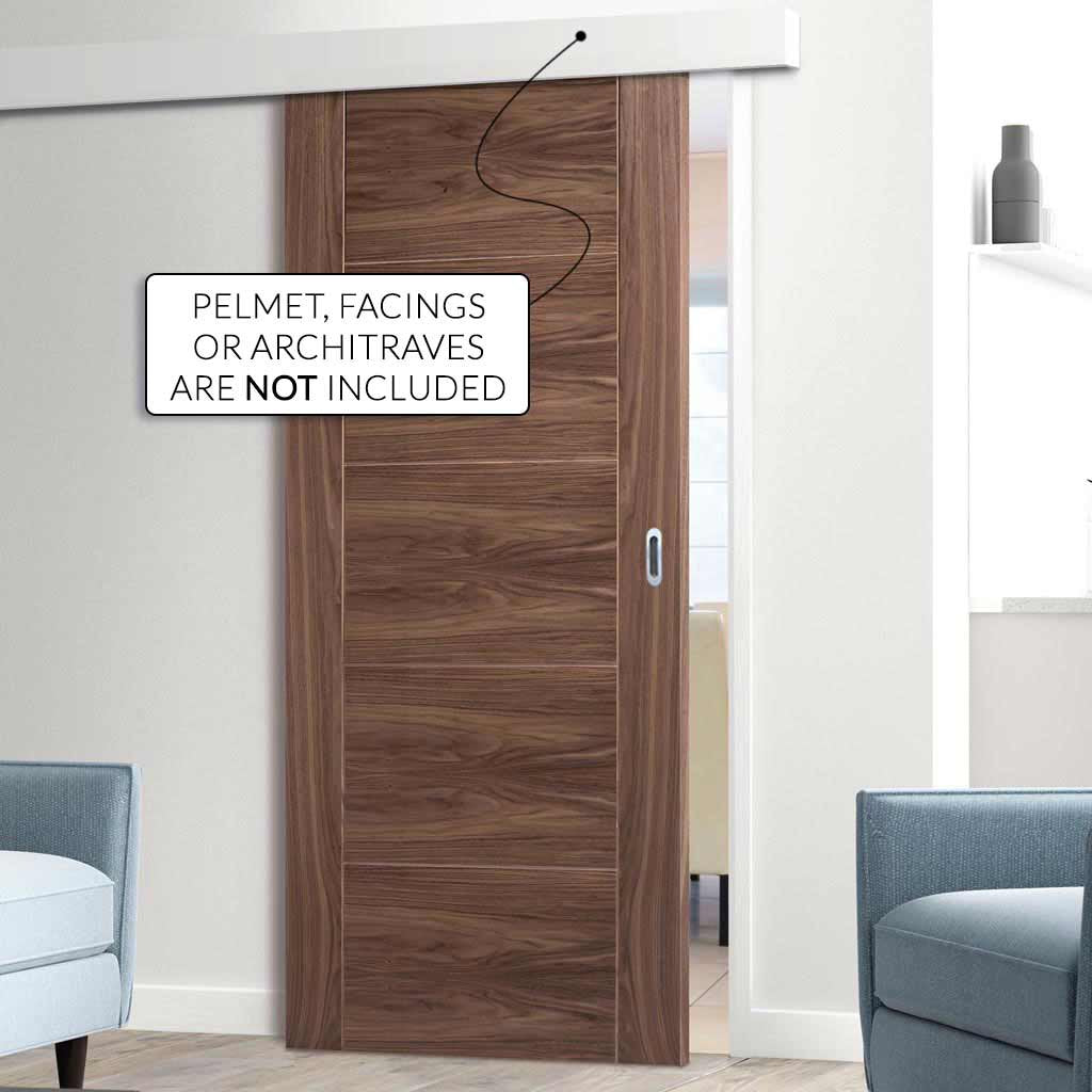 Single Sliding Door & Wall Track - Vancouver 5 Panel Flush Walnut Door - Prefinished