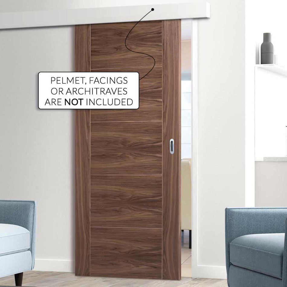 Single Sliding Door & Wall Track - Vancouver 5 Panel Flush Walnut Door - Prefinished