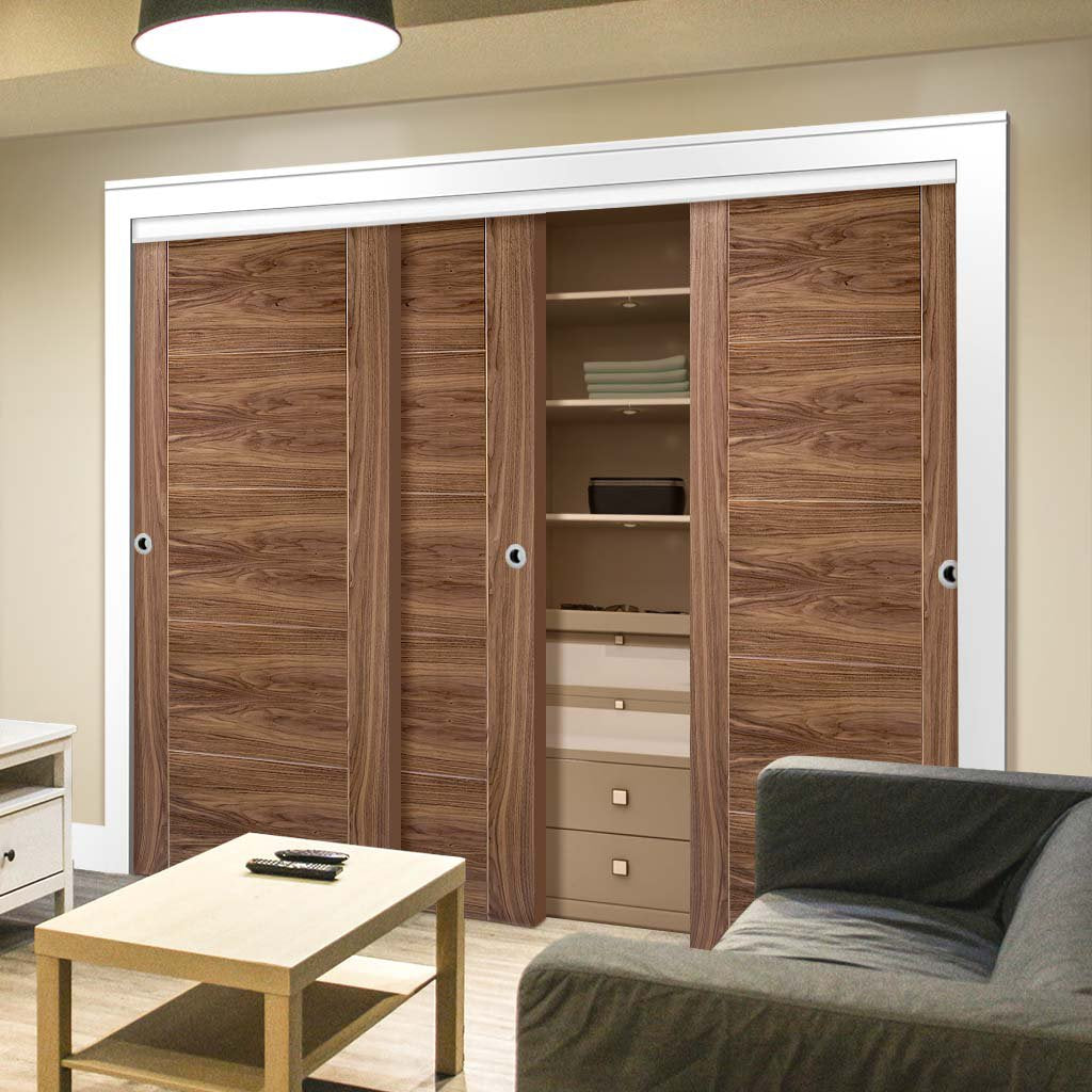 Bespoke Vancouver Walnut 5P Flush Door - 3 Door Wardrobe and Frame Kit - Prefinished