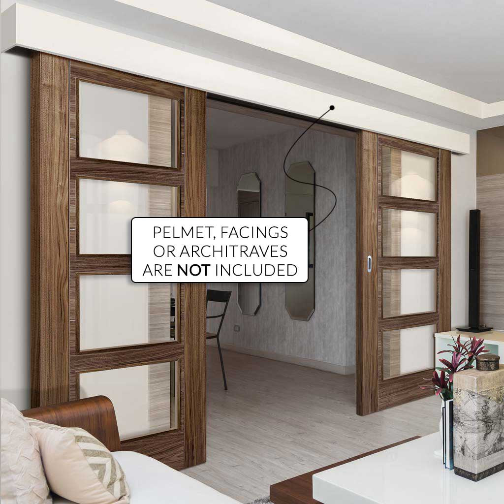 Double Sliding Door & Wall Track - Vancouver 4 Pane Walnut Doors - Clear Glass - Prefinished