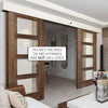 Double Sliding Door & Wall Track - Vancouver 4 Pane Walnut Doors - Clear Glass - Prefinished