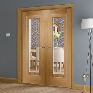Image: Simpli Double Door Set - Varese Oak Flush Door - Clear Glass - Aluminium Inlay - Prefinished