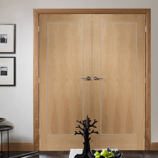 Image: Simpli Double Door Set - Varese Oak Flush Door - Aluminium Inlay - Prefinished
